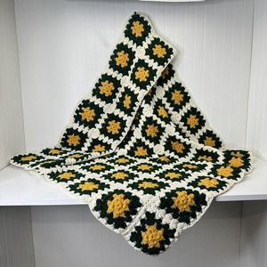 Vintage Granny Square Afghan Hand Crochet Green & Gold Blanket Roseanne 42 X 60